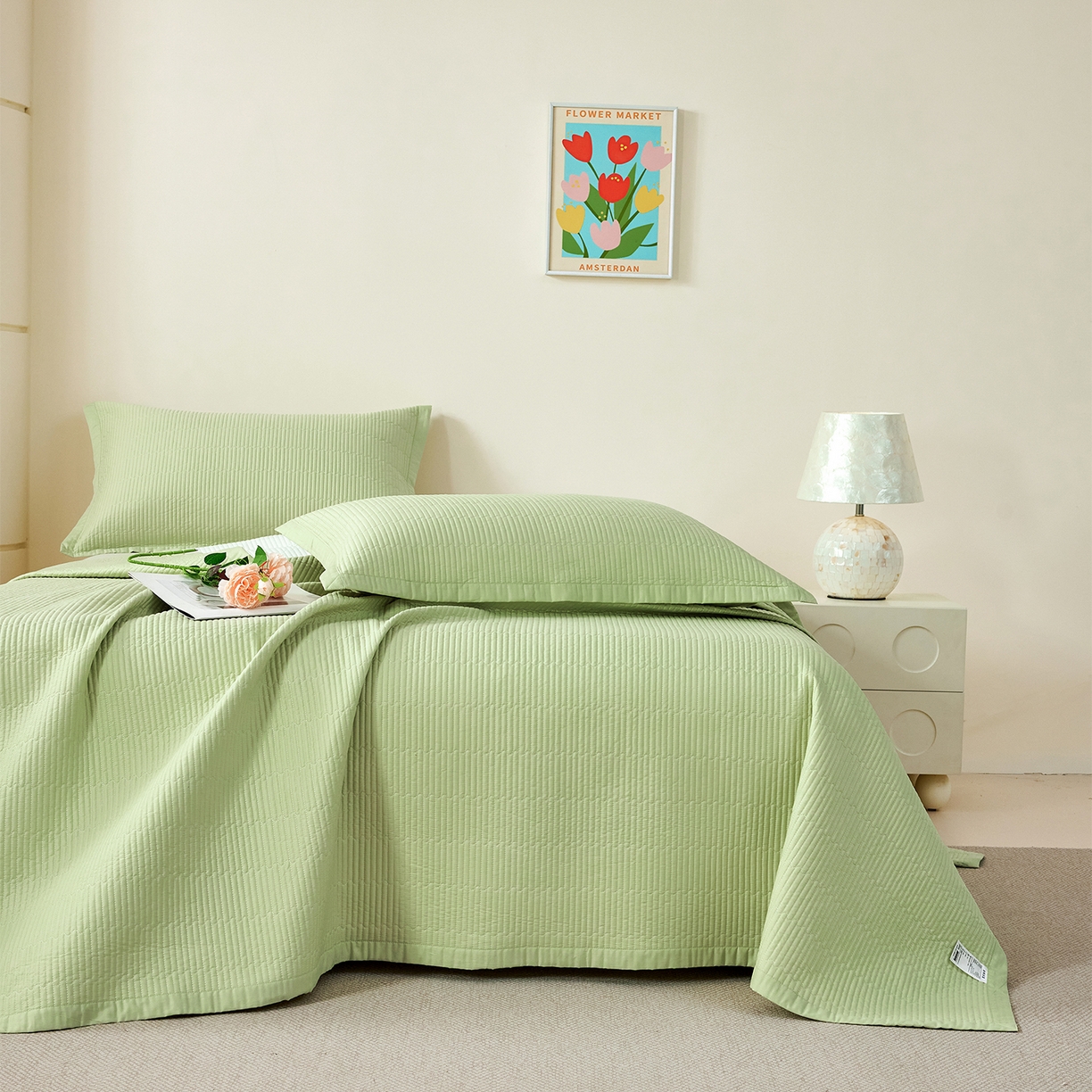 91家纺网 家纺一手货源 找家纺 元元家居（元元被业） 2026新款全棉纯棉13372系列床盖单件床盖单品单床盖-纯色款 麦田绿