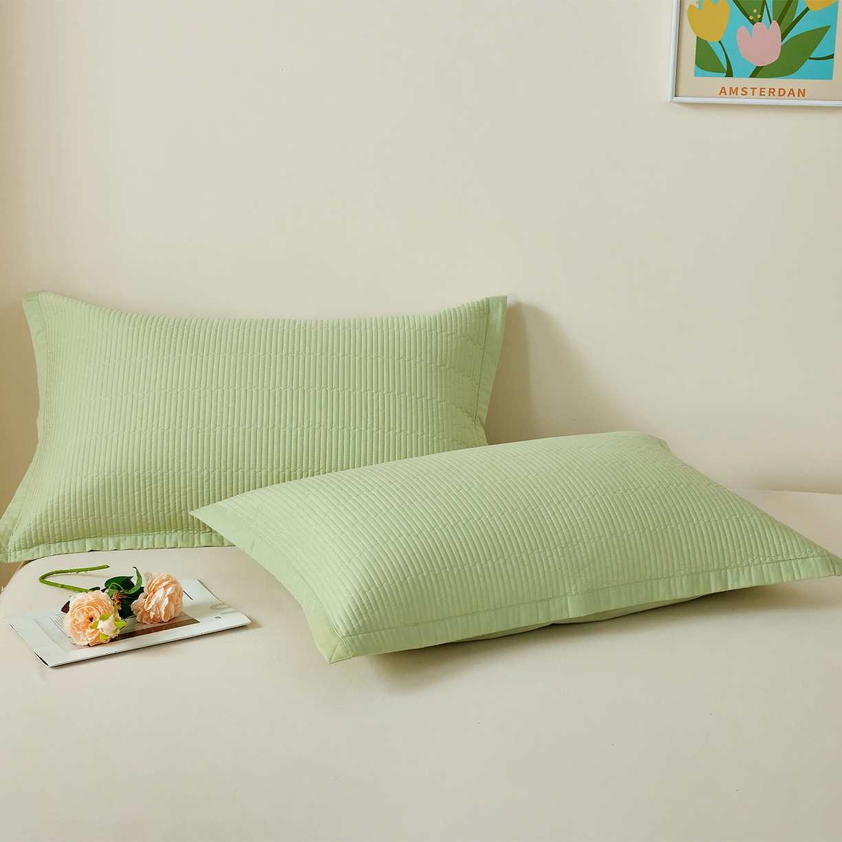 91家纺网 家纺一手货源 找家纺 元元家居（元元被业） 2026新款全棉纯棉13372系列床盖单件床盖单品单床盖-纯色款 麦田绿