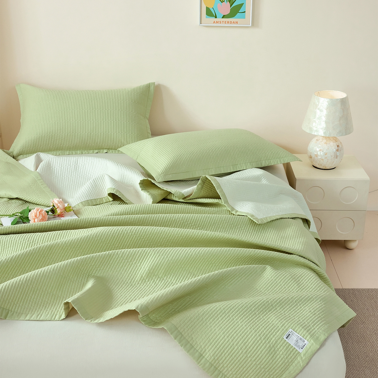 91家纺网 家纺一手货源 找家纺 元元家居（元元被业） 2026新款全棉纯棉13372系列床盖单件床盖单品单床盖-纯色款 麦田绿