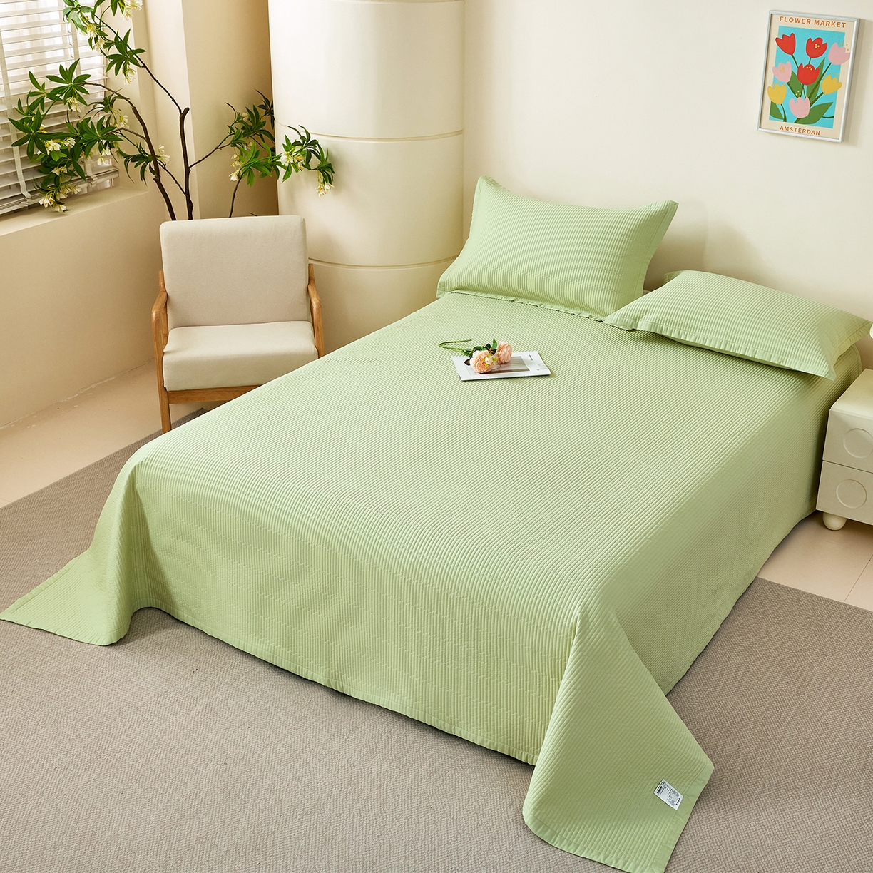 91家纺网 家纺一手货源 找家纺 元元家居（元元被业） 2026新款全棉纯棉13372系列床盖单件床盖单品单床盖-纯色款 麦田绿