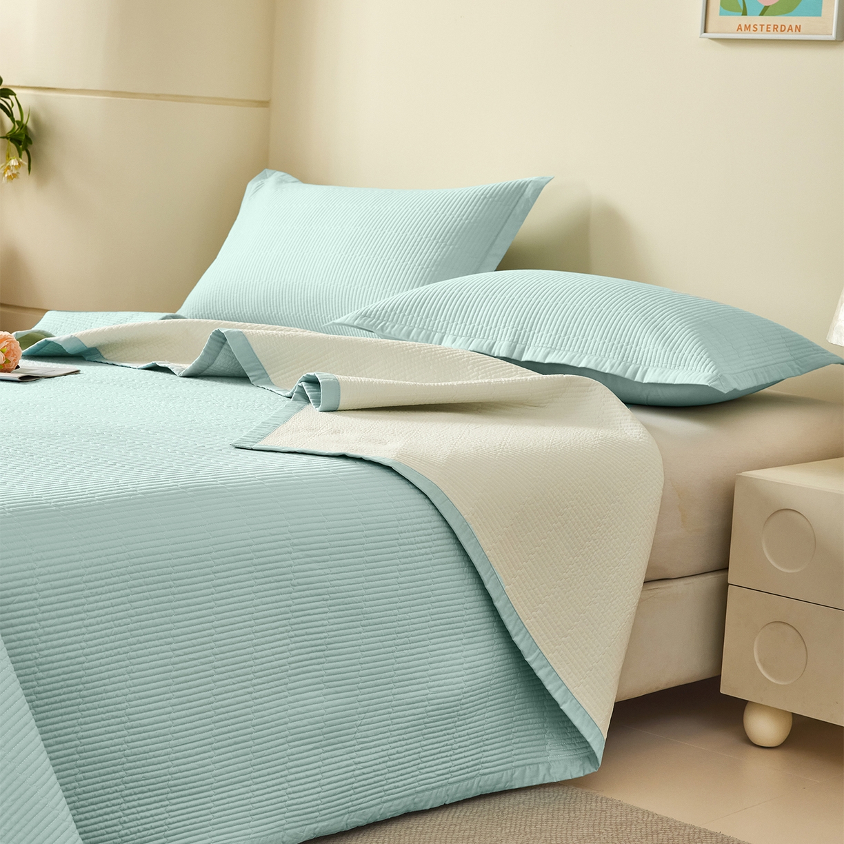 91家纺网 家纺一手货源 找家纺 元元家居（元元被业） 2026新款全棉纯棉13372系列床盖单件床盖单品单床盖-纯色款 天梦蓝