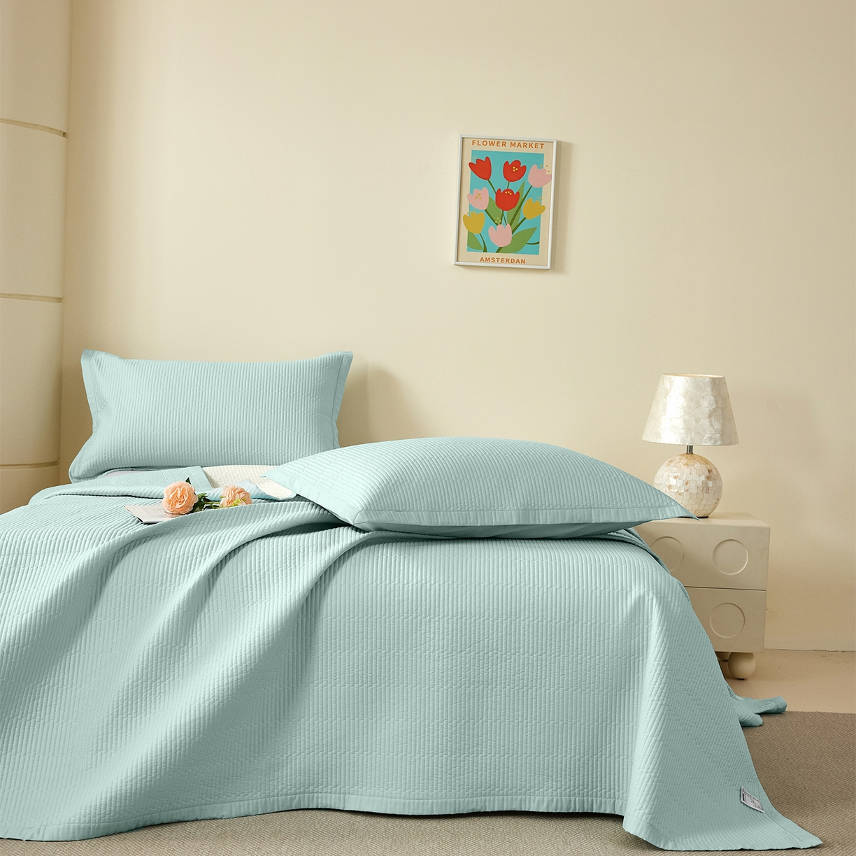 91家纺网 家纺一手货源 找家纺 元元家居（元元被业） 2026新款全棉纯棉13372系列床盖单件床盖单品单床盖-纯色款 天梦蓝