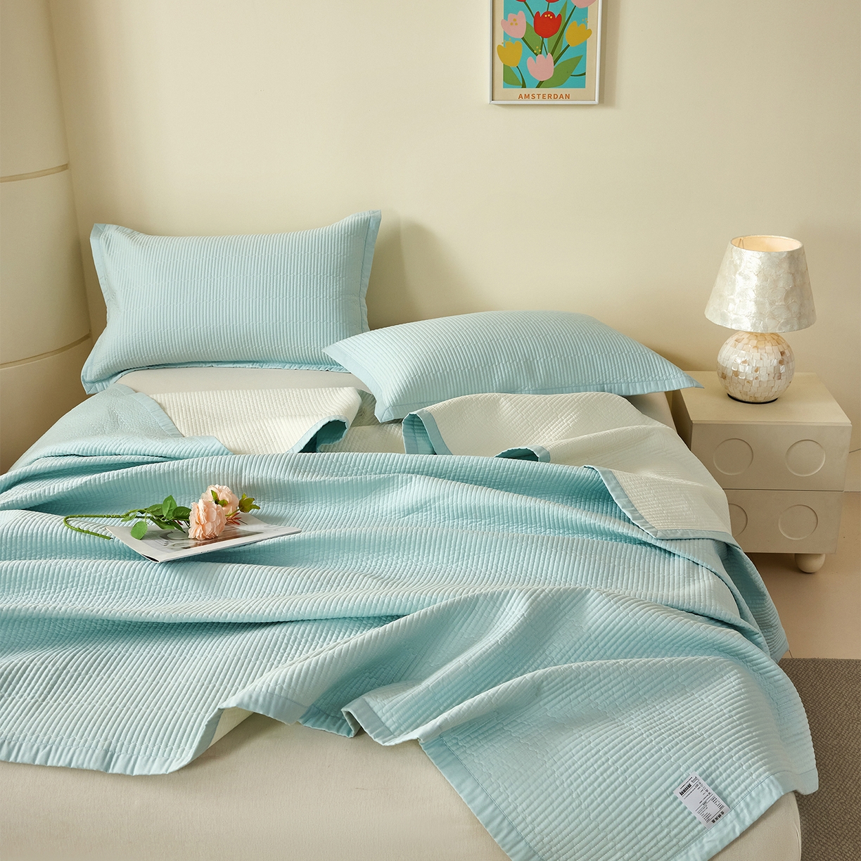 91家纺网 家纺一手货源 找家纺 元元家居（元元被业） 2026新款全棉纯棉13372系列床盖单件床盖单品单床盖-纯色款 天梦蓝