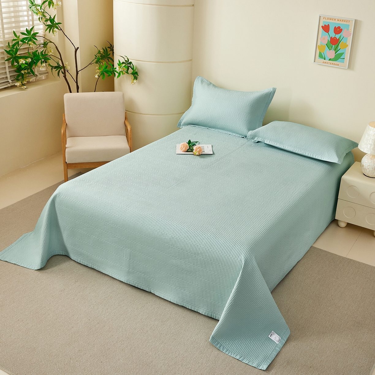 91家纺网 家纺一手货源 找家纺 元元家居（元元被业） 2026新款全棉纯棉13372系列床盖单件床盖单品单床盖-纯色款 天梦蓝