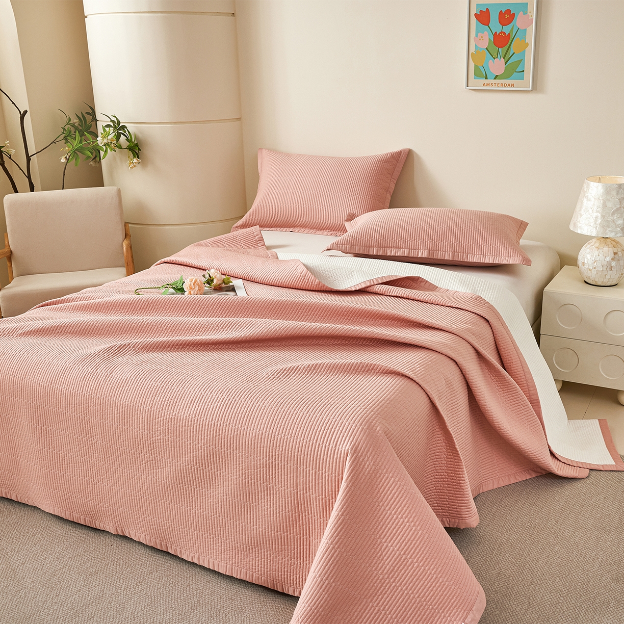 91家纺网 家纺一手货源 找家纺 元元家居（元元被业） 2026新款全棉纯棉13372系列床盖单件床盖单品单床盖-纯色款 炫彩粉