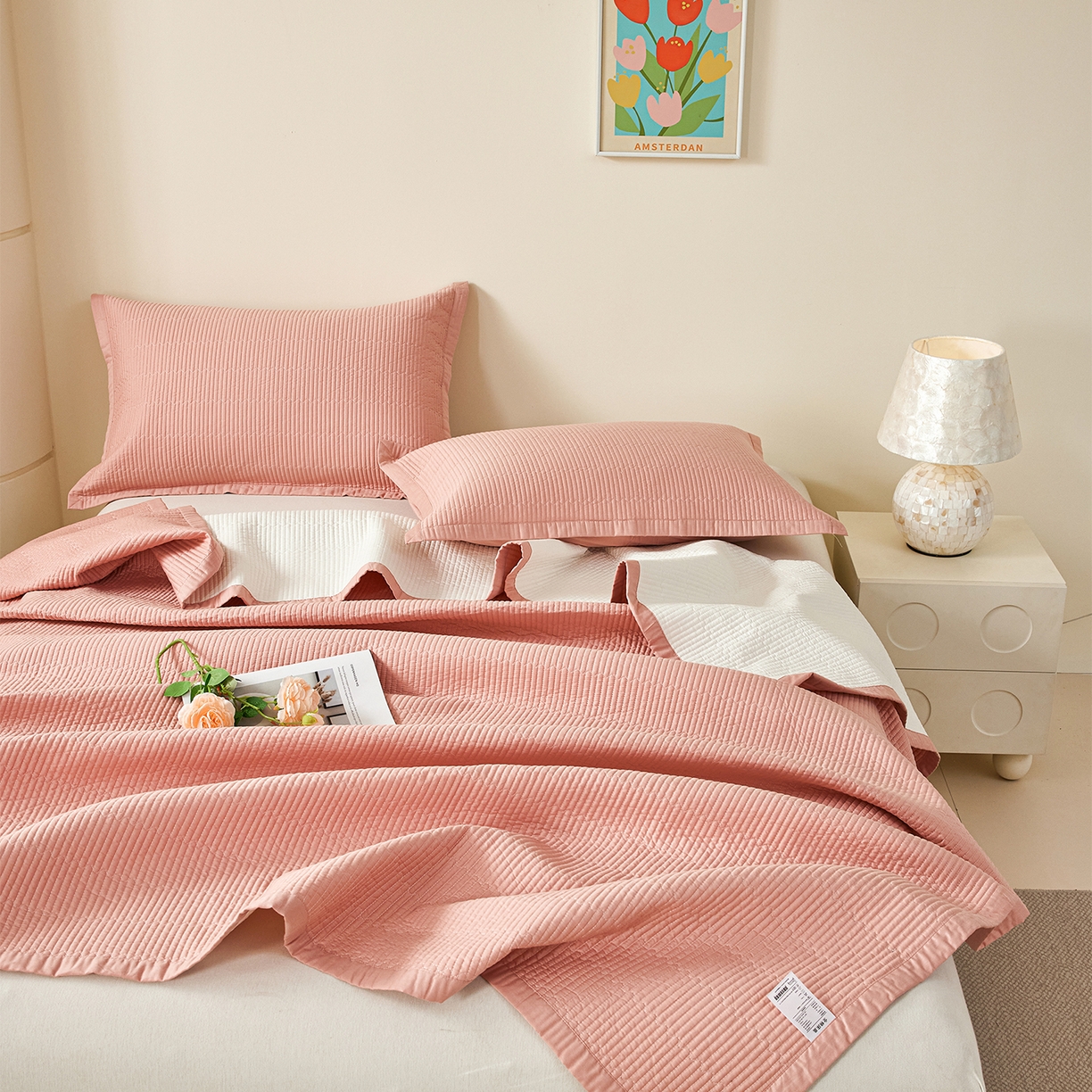 91家纺网 家纺一手货源 找家纺 元元家居（元元被业） 2026新款全棉纯棉13372系列床盖单件床盖单品单床盖-纯色款 炫彩粉