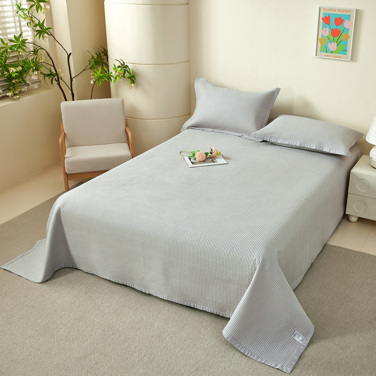 91家纺网 家纺一手货源 找家纺 元元家居（元元被业） 2026新款全棉纯棉13372系列床盖单件床盖单品单床盖-纯色款 雅灰