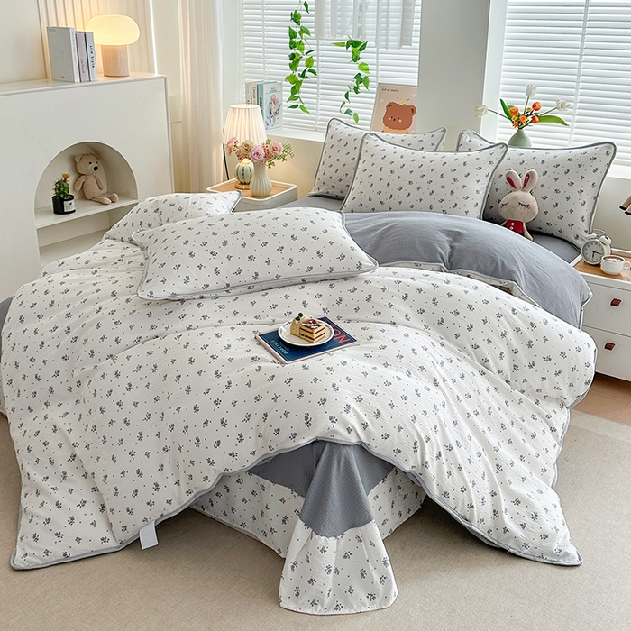 91家纺网 家纺一手货源 找家纺 爱洛家纺 2026新款印花皱皱纱四件套 青岚细叶