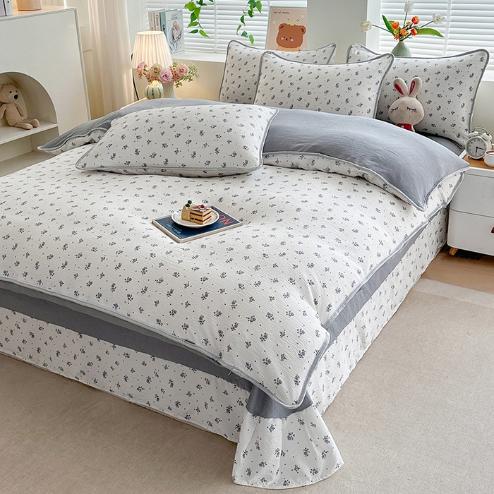 91家纺网 家纺一手货源 找家纺 爱洛家纺 2026新款印花皱皱纱四件套 青岚细叶