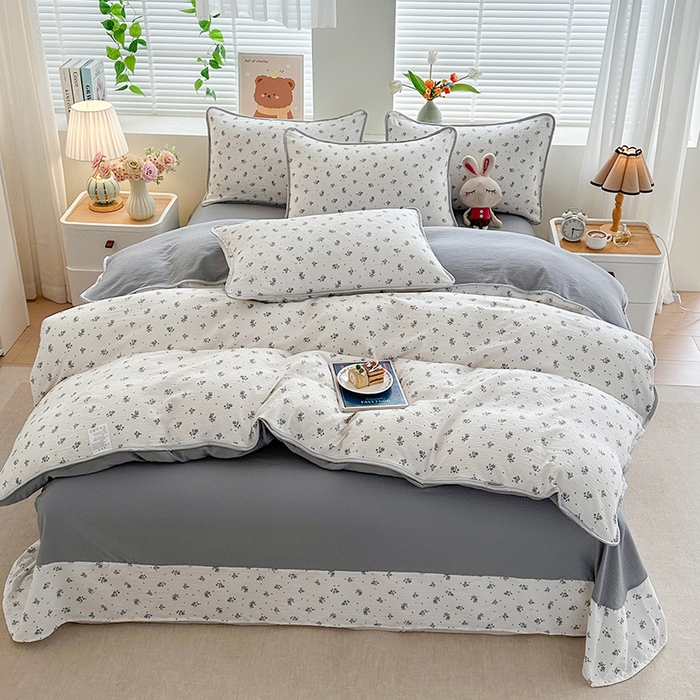 91家纺网 家纺一手货源 找家纺 爱洛家纺 2026新款印花皱皱纱四件套 青岚细叶