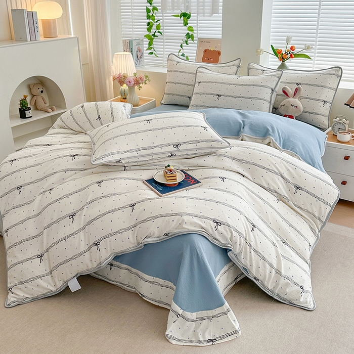 91家纺网 家纺一手货源 找家纺 爱洛家纺 2026新款印花皱皱纱四件套 雾蓝结语