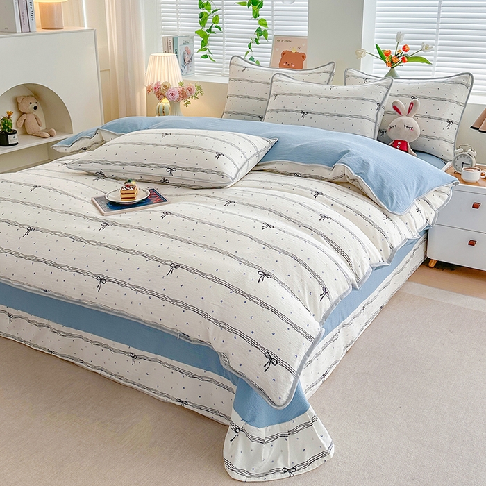 91家纺网 家纺一手货源 找家纺 爱洛家纺 2026新款印花皱皱纱四件套 雾蓝结语