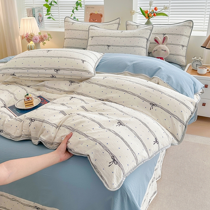 91家纺网 家纺一手货源 找家纺 爱洛家纺 2026新款印花皱皱纱四件套 雾蓝结语