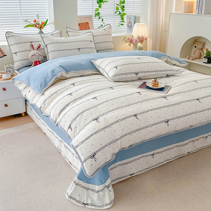 91家纺网 家纺一手货源 找家纺 爱洛家纺 2026新款印花皱皱纱四件套 雾蓝结语