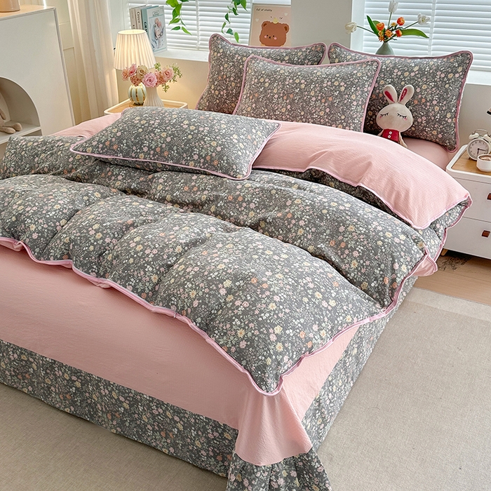 91家纺网 家纺一手货源 找家纺 爱洛家纺 2026新款印花皱皱纱四件套 深野碎樱