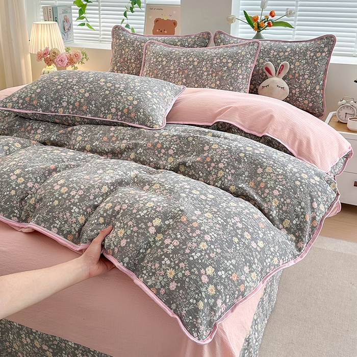 91家纺网 家纺一手货源 找家纺 爱洛家纺 2026新款印花皱皱纱四件套 深野碎樱