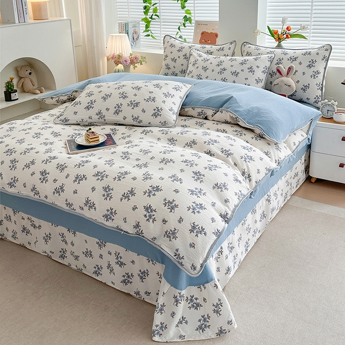 91家纺网 家纺一手货源 找家纺 爱洛家纺 2026新款印花皱皱纱四件套 云间蓝雾草