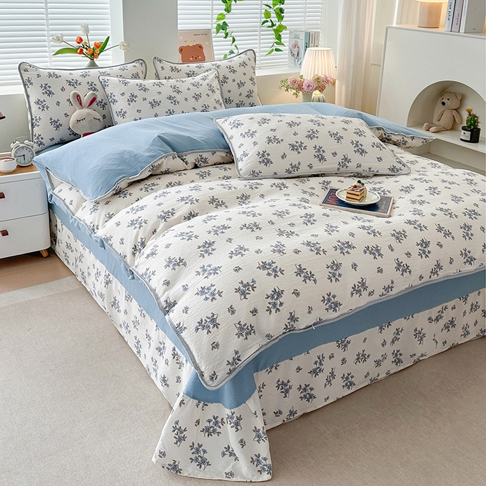 91家纺网 家纺一手货源 找家纺 爱洛家纺 2026新款印花皱皱纱四件套 云间蓝雾草