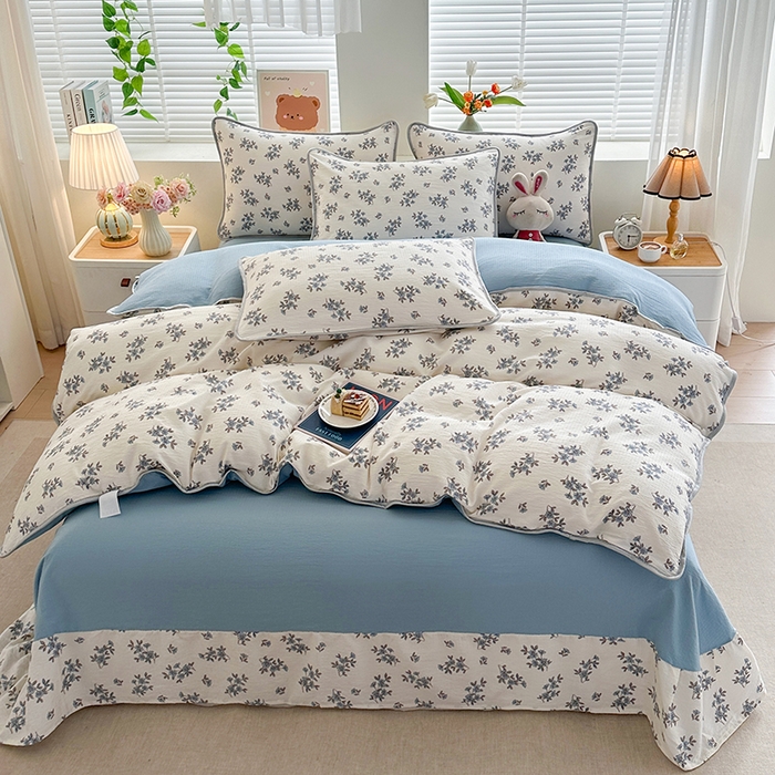 91家纺网 家纺一手货源 找家纺 爱洛家纺 2026新款印花皱皱纱四件套 云间蓝雾草