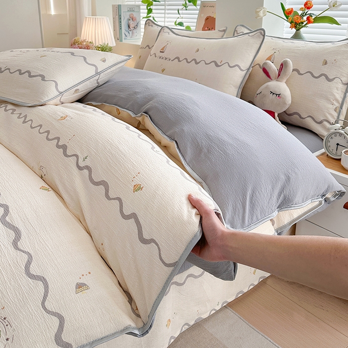 爱洛家纺 2026新款印花皱皱纱四件套 雾蓝水波纹