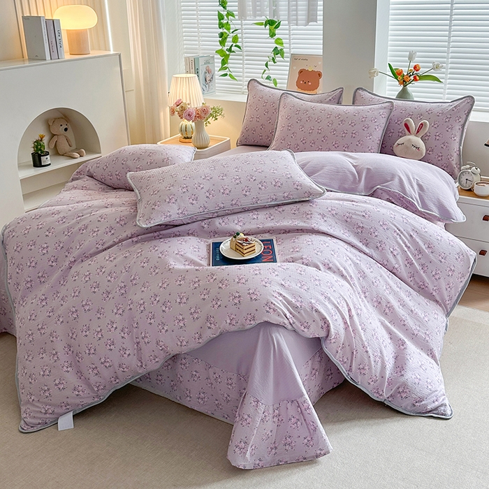 91家纺网 家纺一手货源 找家纺 爱洛家纺 2026新款印花皱皱纱四件套 云紫轻花