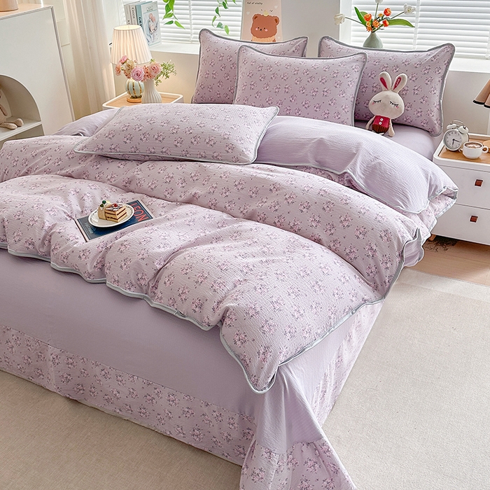 91家纺网 家纺一手货源 找家纺 爱洛家纺 2026新款印花皱皱纱四件套 云紫轻花