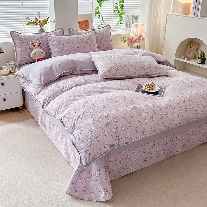 91家纺网 家纺一手货源 找家纺 爱洛家纺 2026新款印花皱皱纱四件套 云紫轻花