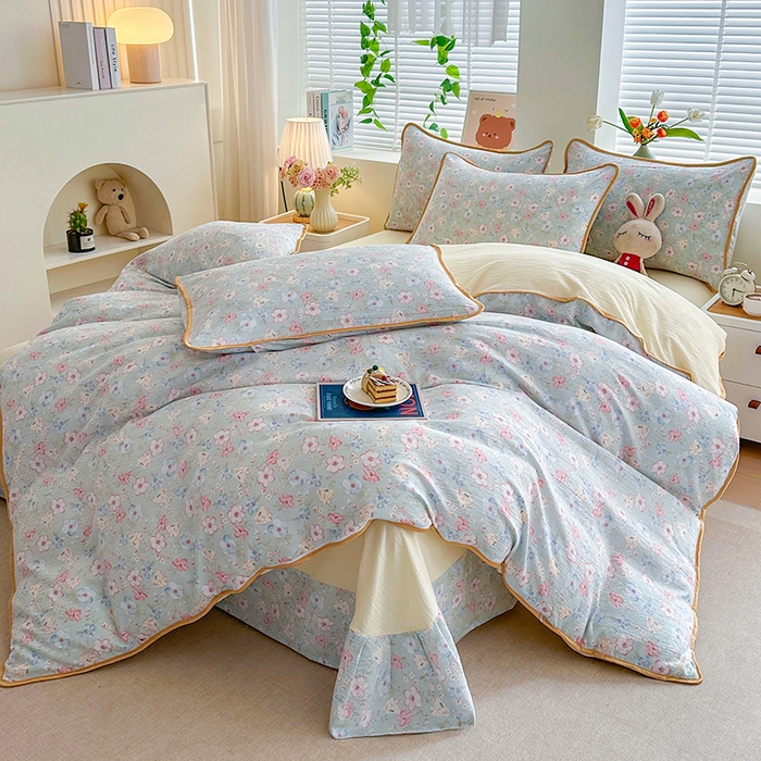 91家纺网 家纺一手货源 找家纺 爱洛家纺 2026新款印花皱皱纱四件套 清溪落英