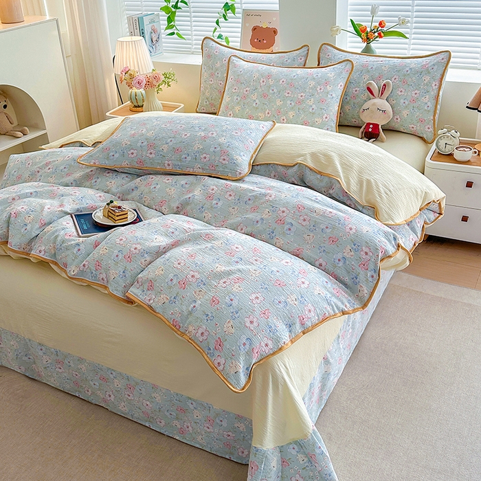 91家纺网 家纺一手货源 找家纺 爱洛家纺 2026新款印花皱皱纱四件套 清溪落英