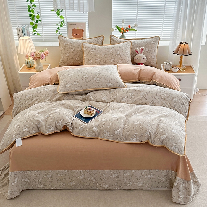 91家纺网 家纺一手货源 找家纺 爱洛家纺 2026新款印花皱皱纱四件套 暖棕枝雪