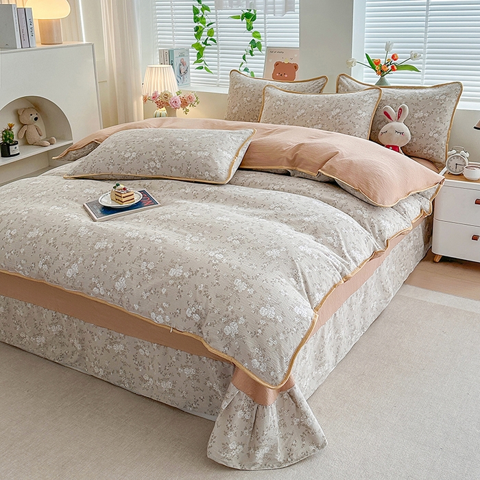 91家纺网 家纺一手货源 找家纺 爱洛家纺 2026新款印花皱皱纱四件套 暖棕枝雪