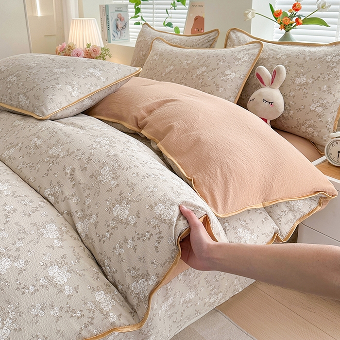 爱洛家纺 2026新款印花皱皱纱四件套 暖棕枝雪