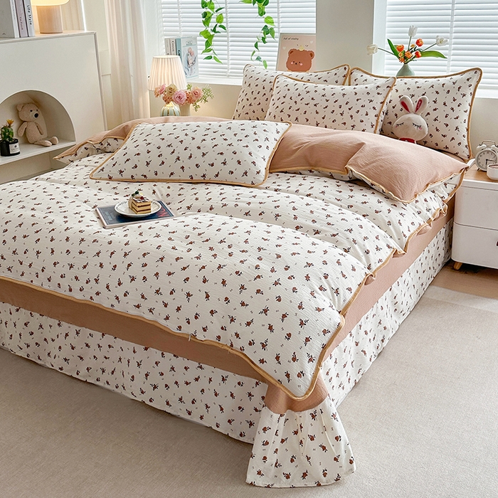 91家纺网 家纺一手货源 找家纺 爱洛家纺 2026新款印花皱皱纱四件套 秋栗拾光