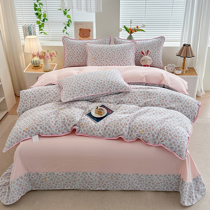 91家纺网 家纺一手货源 找家纺 爱洛家纺 2026新款印花皱皱纱四件套 青粉漫野