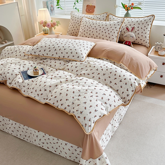 91家纺网 家纺一手货源 找家纺 爱洛家纺 2026新款印花皱皱纱四件套 秋栗拾光