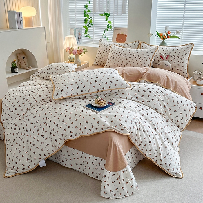 91家纺网 家纺一手货源 找家纺 爱洛家纺 2026新款印花皱皱纱四件套 秋栗拾光