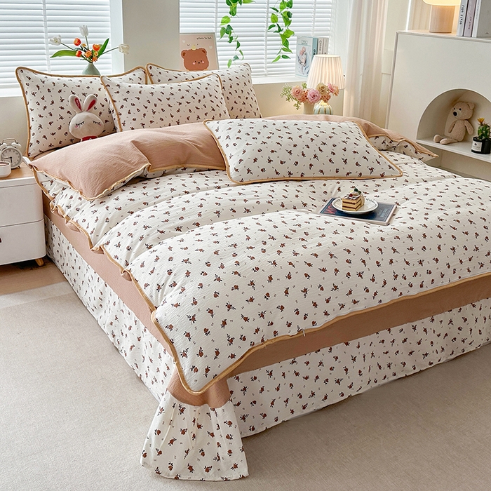 91家纺网 家纺一手货源 找家纺 爱洛家纺 2026新款印花皱皱纱四件套 秋栗拾光