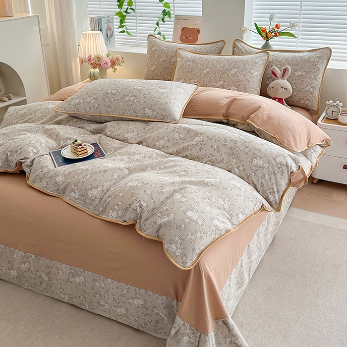 91家纺网 家纺一手货源 找家纺 爱洛家纺 2026新款印花皱皱纱四件套 暖棕枝雪