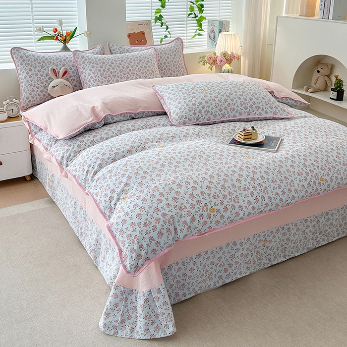 91家纺网 家纺一手货源 找家纺 爱洛家纺 2026新款印花皱皱纱四件套 青粉漫野