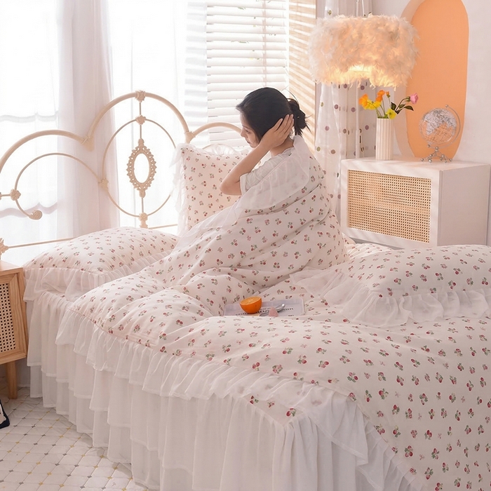 91家纺网 家纺一手货源 找家纺 （总）七七  2026新款13370印花全棉雪纺床裙款四件套