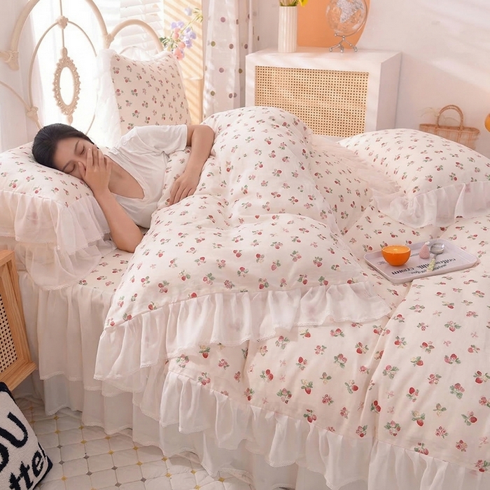 91家纺网 家纺一手货源 找家纺 （总）七七  2026新款13370印花全棉雪纺床裙款四件套