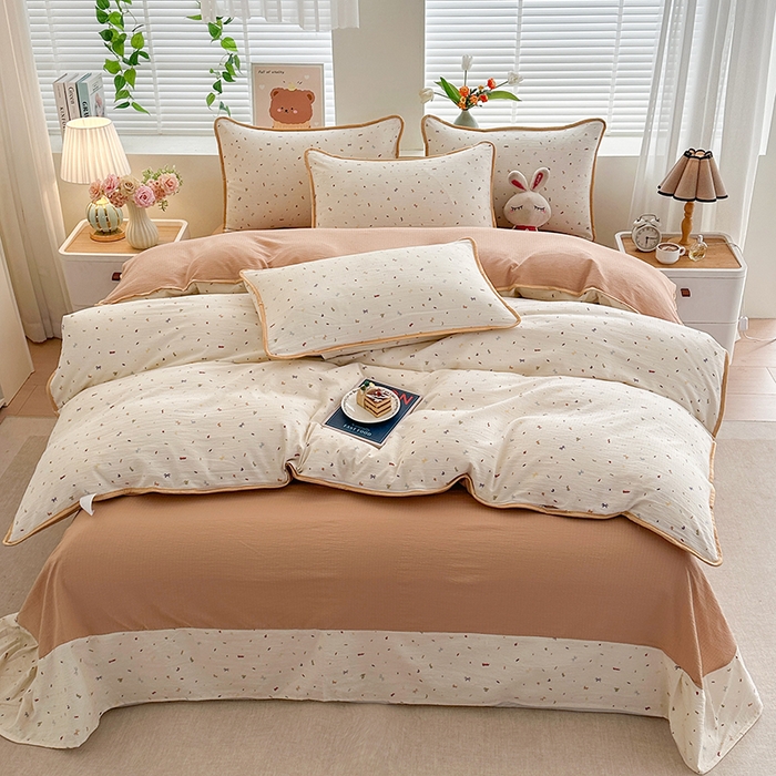 91家纺网 家纺一手货源 找家纺 爱洛家纺 2026新款印花皱皱纱四件套 素低彩语