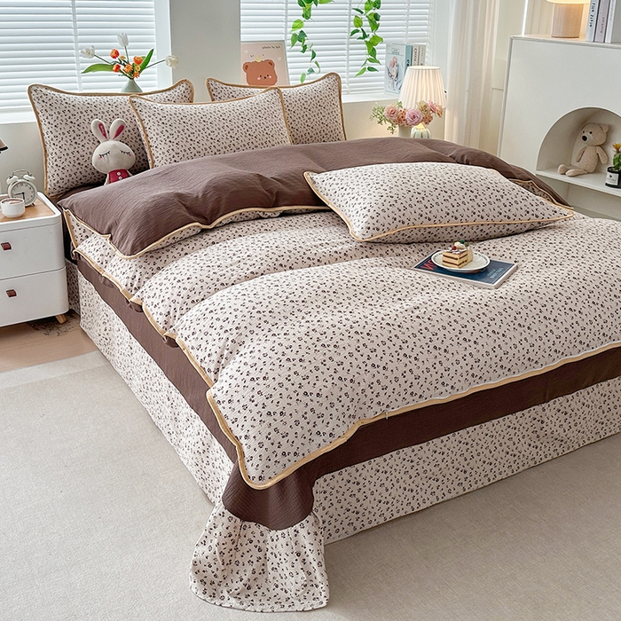 91家纺网 家纺一手货源 找家纺 爱洛家纺 2026新款印花皱皱纱四件套 咖调星絮