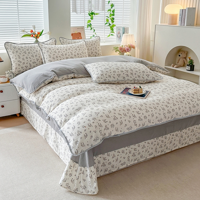 91家纺网 家纺一手货源 找家纺 爱洛家纺 2026新款印花皱皱纱四件套 云隙青叶