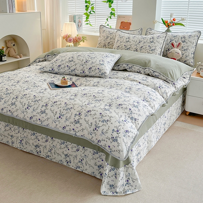 91家纺网 家纺一手货源 找家纺 爱洛家纺 2026新款印花皱皱纱四件套 雾蓝青序