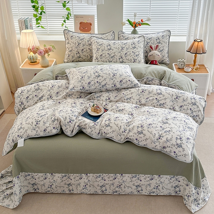 91家纺网 家纺一手货源 找家纺 爱洛家纺 2026新款印花皱皱纱四件套 雾蓝青序