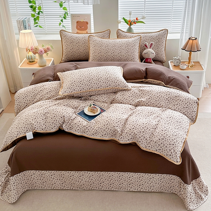 91家纺网 家纺一手货源 找家纺 爱洛家纺 2026新款印花皱皱纱四件套 咖调星絮