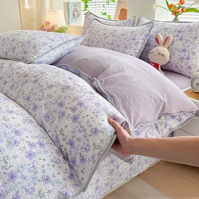 爱洛家纺 2026新款印花皱皱纱四件套 紫雾星花