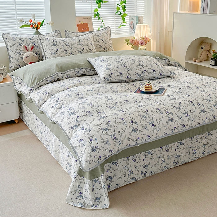 91家纺网 家纺一手货源 找家纺 爱洛家纺 2026新款印花皱皱纱四件套 雾蓝青序