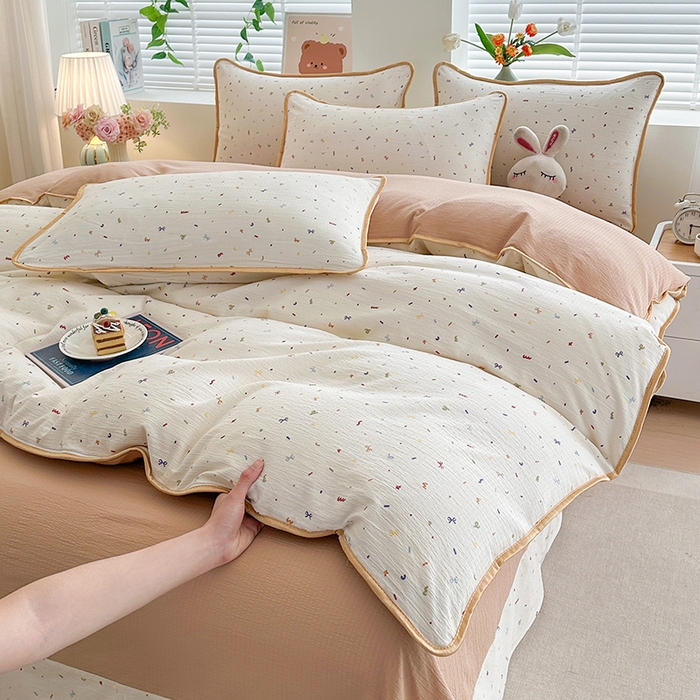 91家纺网 家纺一手货源 找家纺 爱洛家纺 2026新款印花皱皱纱四件套 素低彩语